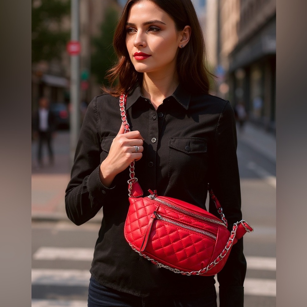 New Express Vegan Red Quilted Crossbody Bag with Chain Strap